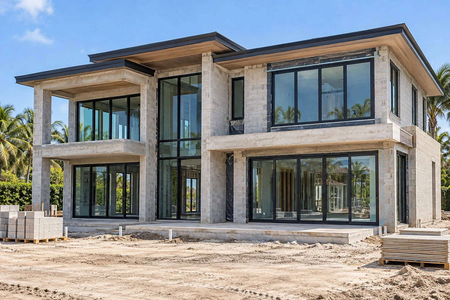 Generated architectural illustration of a luxury home under construction with roof and glazing in place
