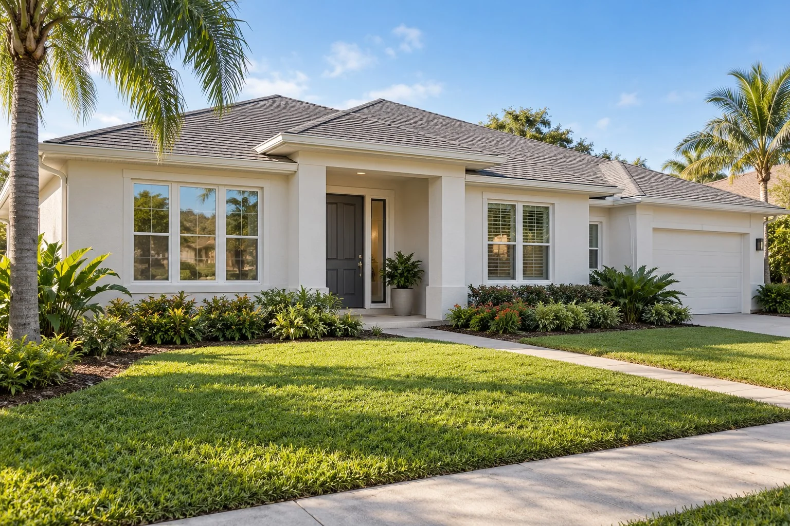 AI-generated single-story Florida home with white-framed windows, a covered entry, and tropical landscaping