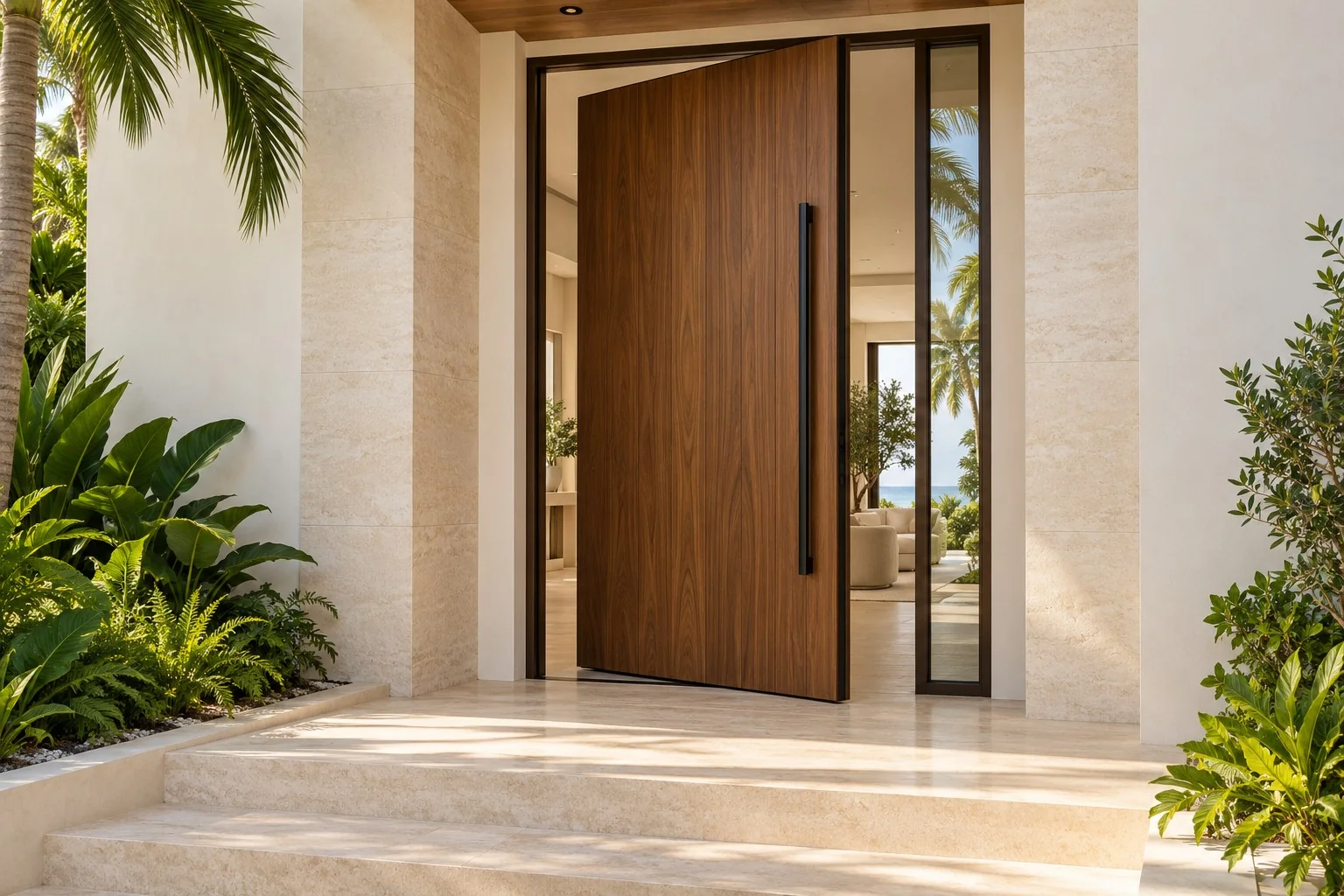 AI-generated walnut woodgrain pivot entry door with a tall black pull handle and glazed sidelight